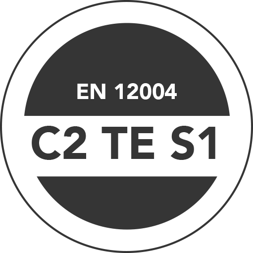Klasifikácia podľa EN 12004, trieda lepidla C2TES1, deformovateľné (S1), špeciálne (2), cementové (C) lepidlo so zníženým sklzom (T) a s predĺženou dobou zavädnutia (E)